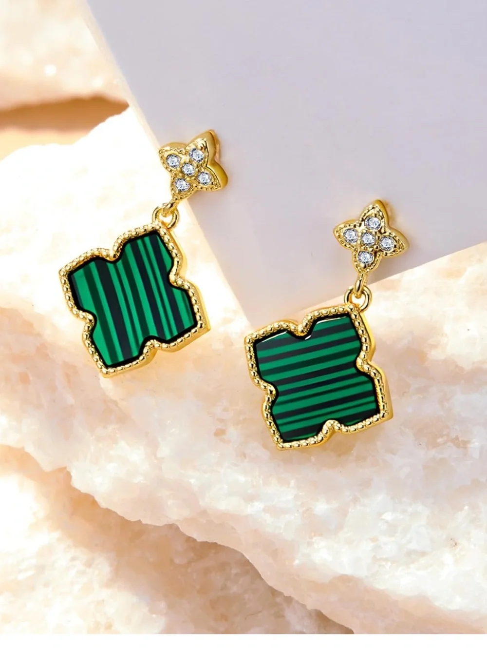 Anthropologie Gold-Tone Green Striped Clover Drop Earrings with Crystal Studs